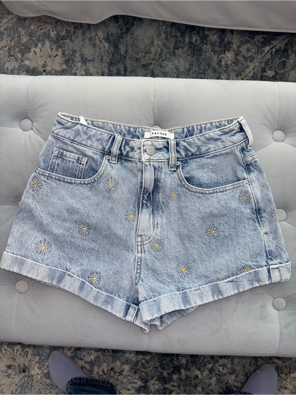 PacSun Light Blue Daisy Embroidered High-Rise Denim Shorts